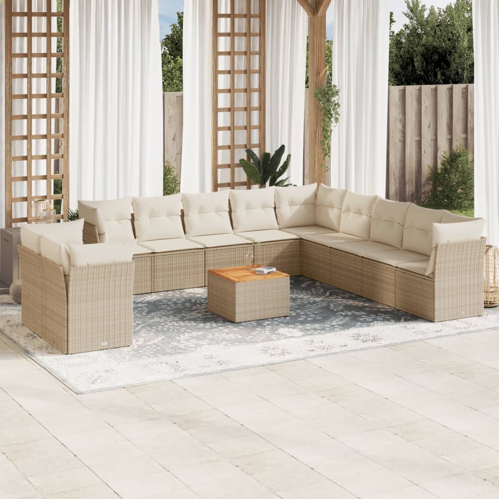 vidaXL 12-tlg. Garten-Sofagarnitur mit Kissen Beige Poly Rattan