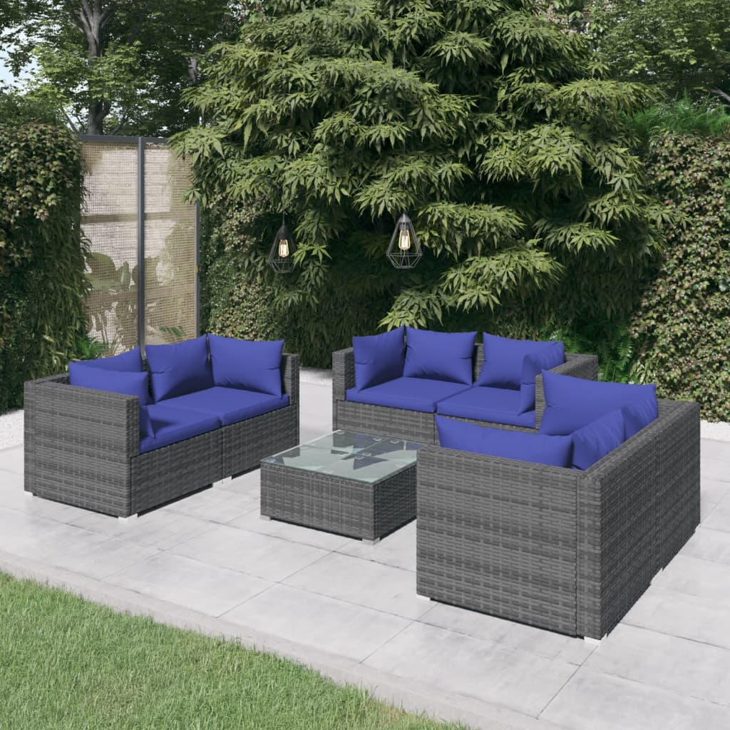 vidaXL 7-tlg. Garten-Lounge-Set mit Kissen Poly Rattan Grau