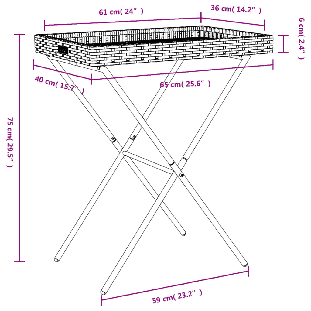 vidaXL Tabletttisch Klappbar Schwarz 65x40x75 cm Poly Rattan