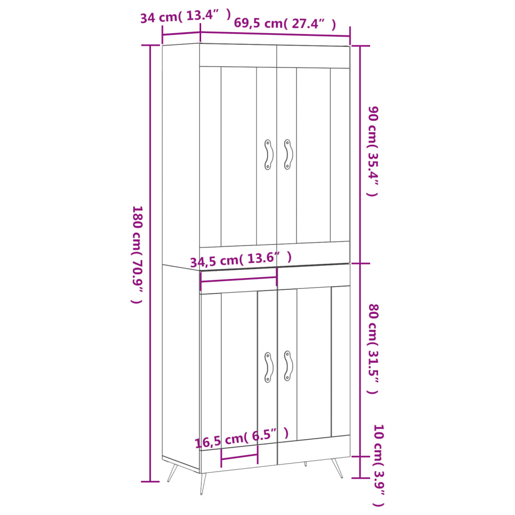 vidaXL Highboard Betongrau 69,5x34x180 cm Holzwerkstoff