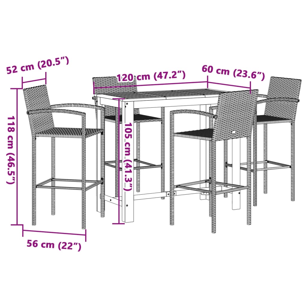 vidaXL 5-tlg. Gartenbar-Set Schwarz Massivholz Akazie und Poly Rattan