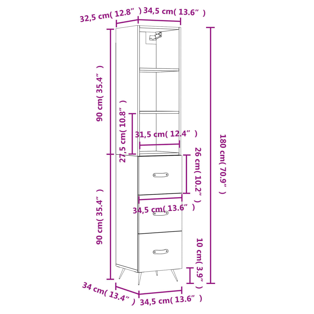 vidaXL Highboard Weiß 34,5x34x180 cm Holzwerkstoff