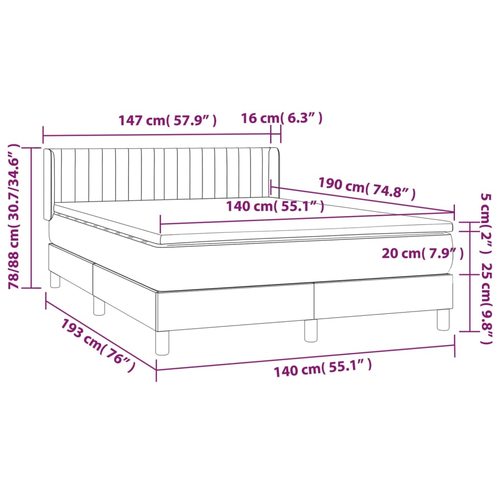 vidaXL Boxspringbett mit Matratze Dunkelblau 140x190 cm Samt