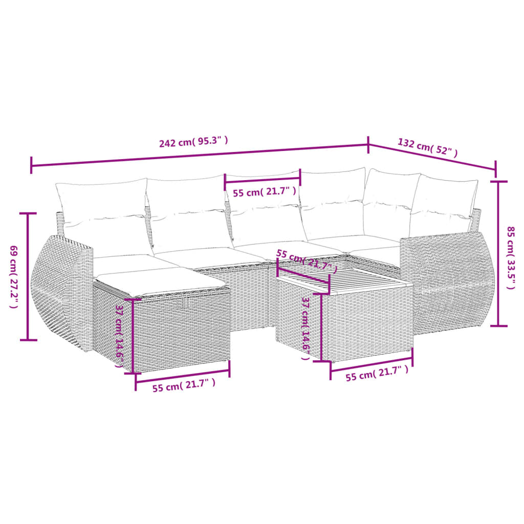 vidaXL 7-tlg. Garten-Sofagarnitur mit Kissen Schwarz Poly Rattan