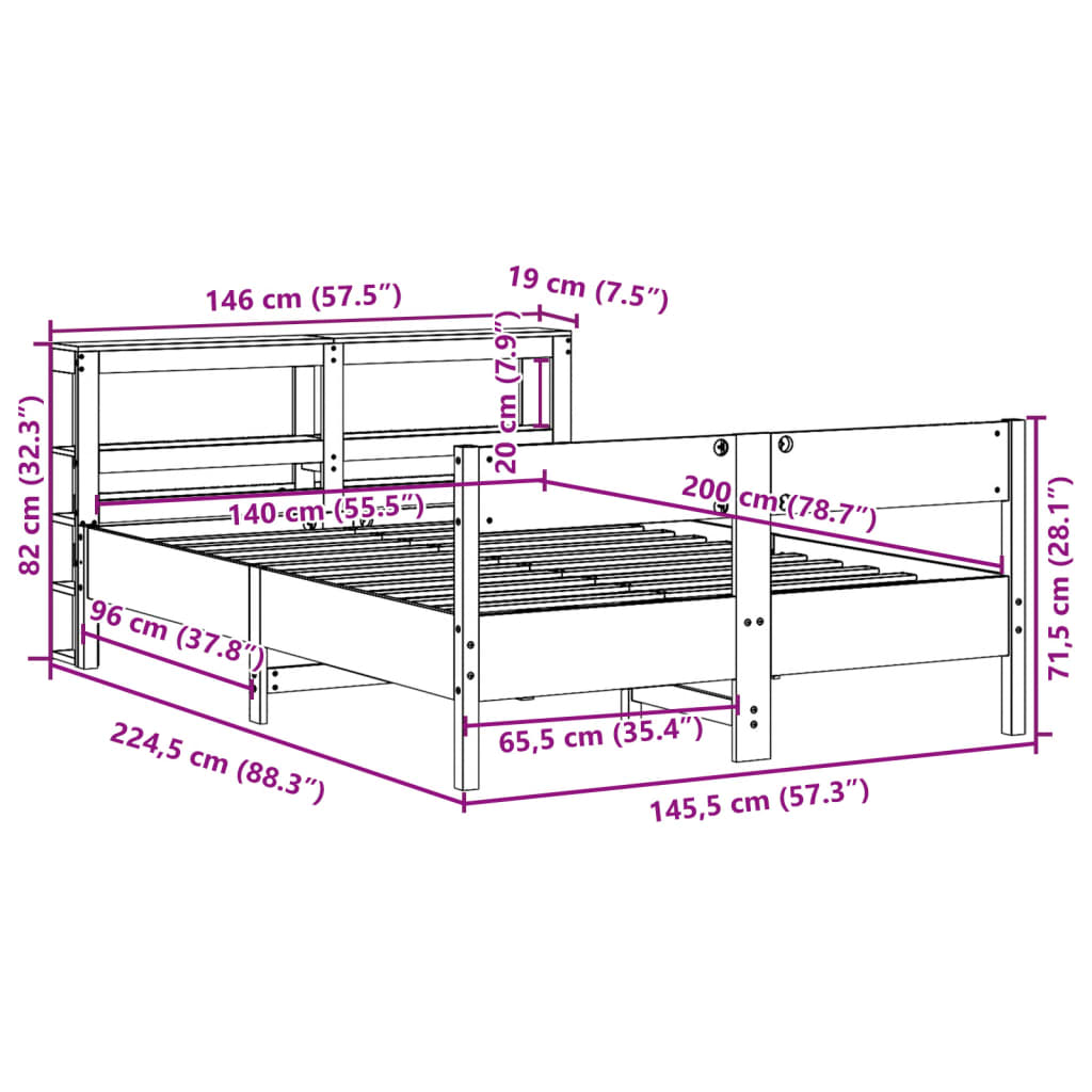 vidaXL Massivholzbett ohne Matratze Wachsbraun 140x200 cm Kiefernholz