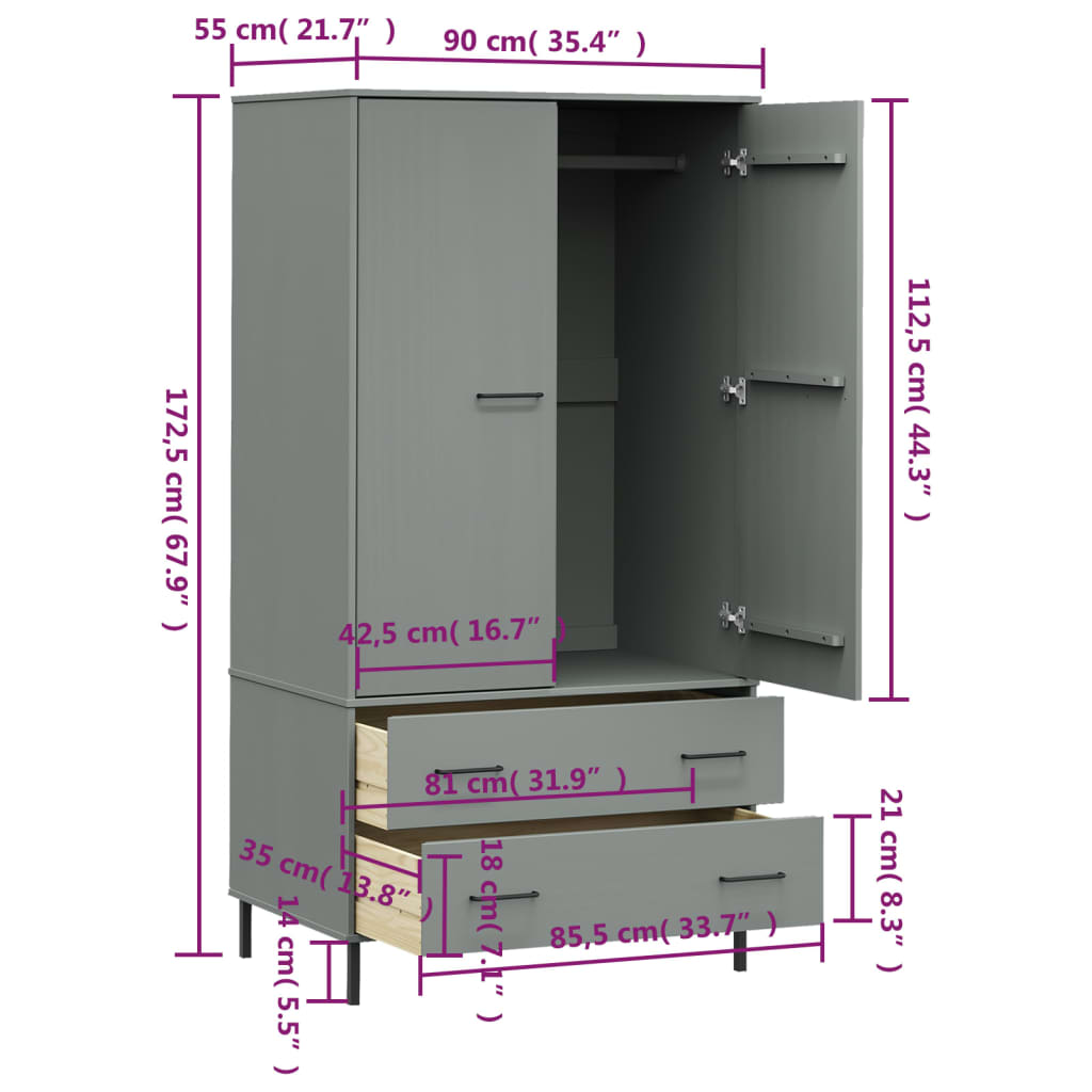 vidaXL Kleiderschrank OSLO Metallbeine Grau 90x55x172,5cm Massivholz