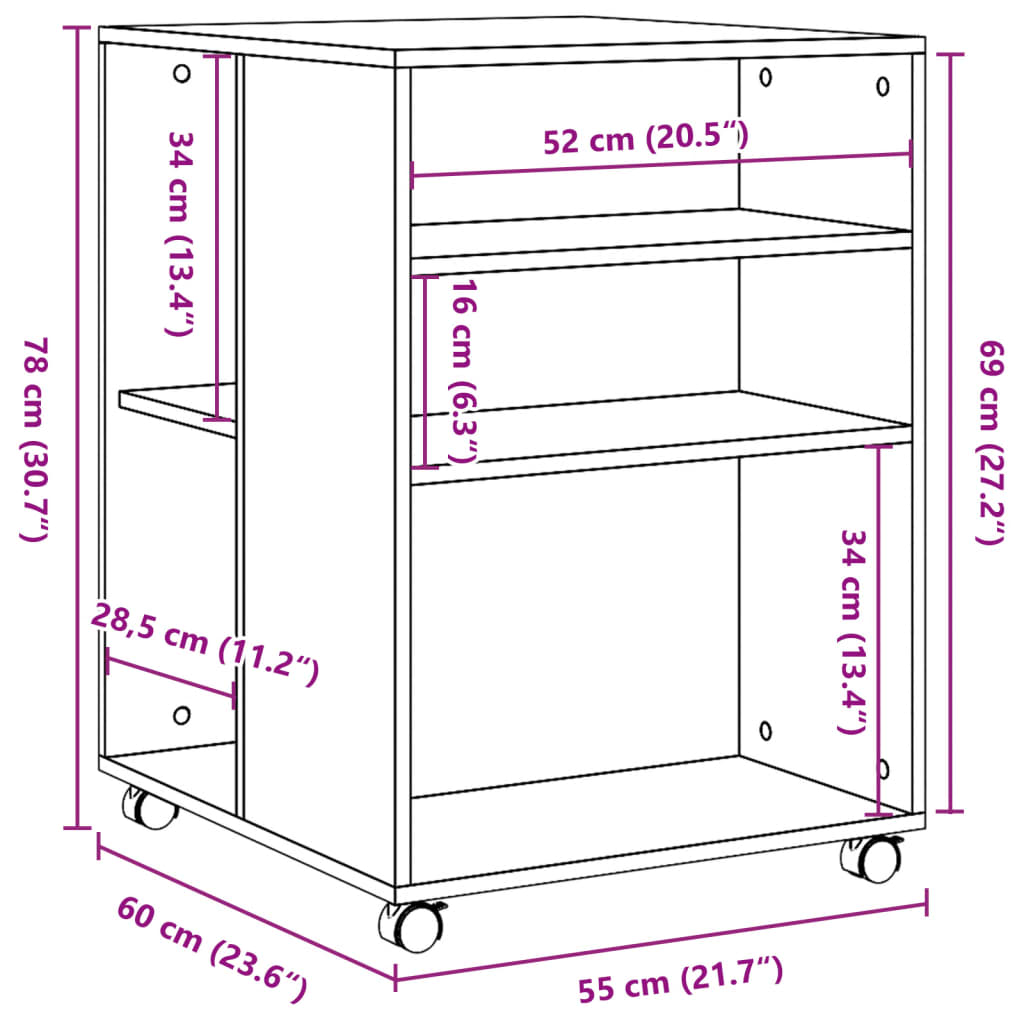 vidaXL Beistelltisch mit Rollen Betongrau 55x60x78 cm Holzwerkstoff