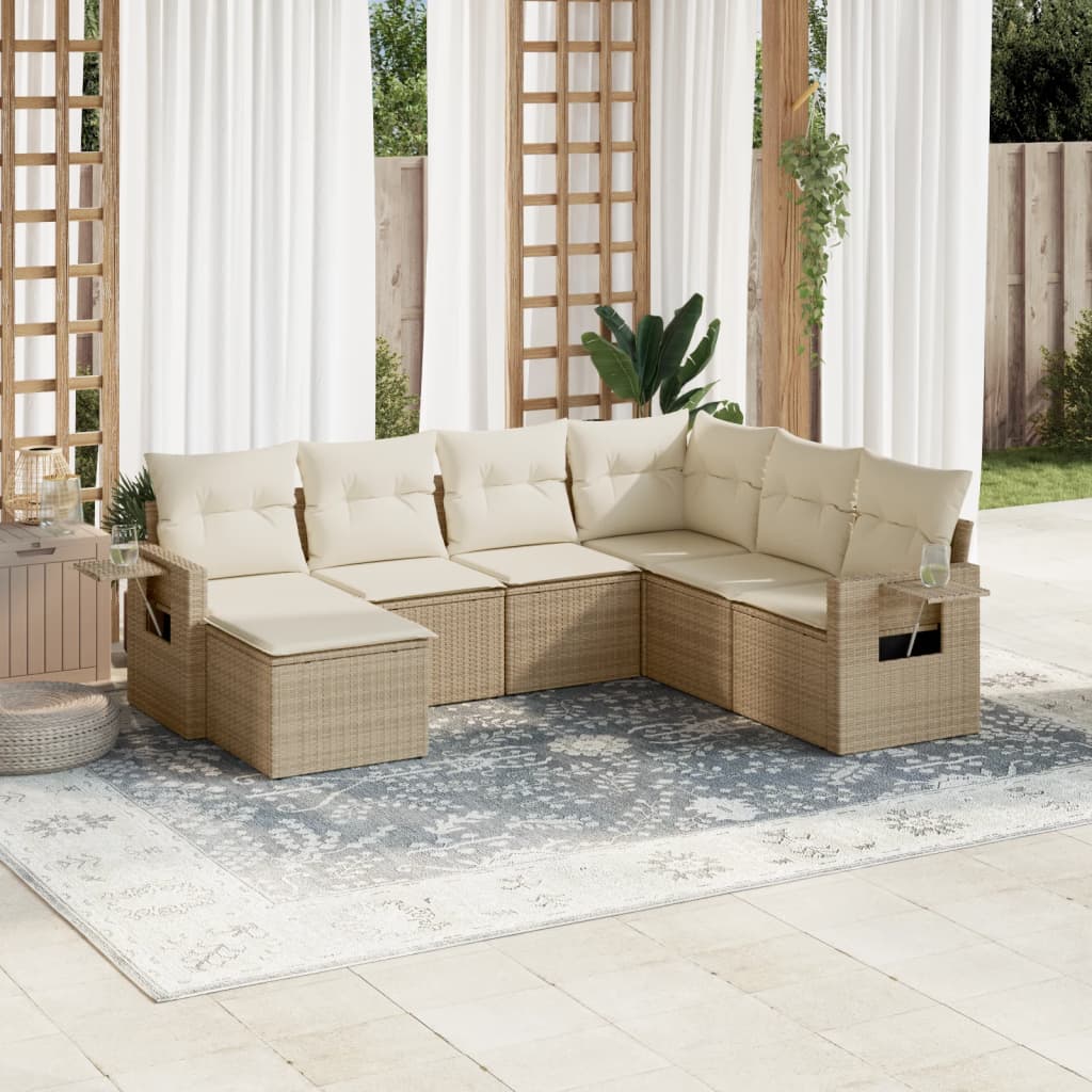 vidaXL 7-tlg. Garten-Sofagarnitur mit Kissen Beige Poly Rattan