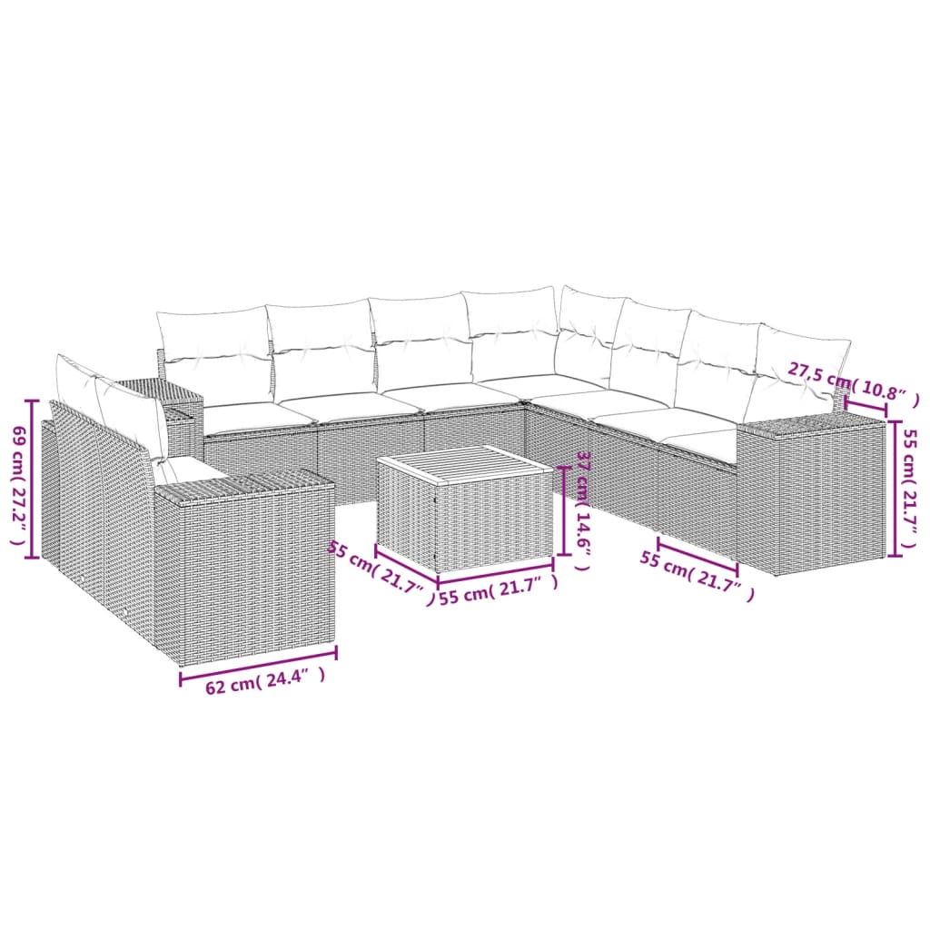 vidaXL 10-tlg. Garten-Sofagarnitur mit Kissen Grau Poly Rattan