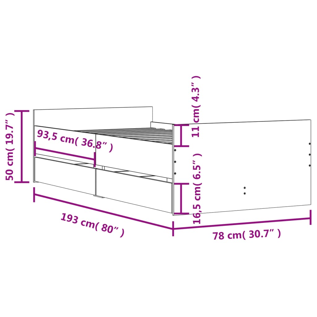 vidaXL Bett mit Schubladen Betongrau 75x190 cm