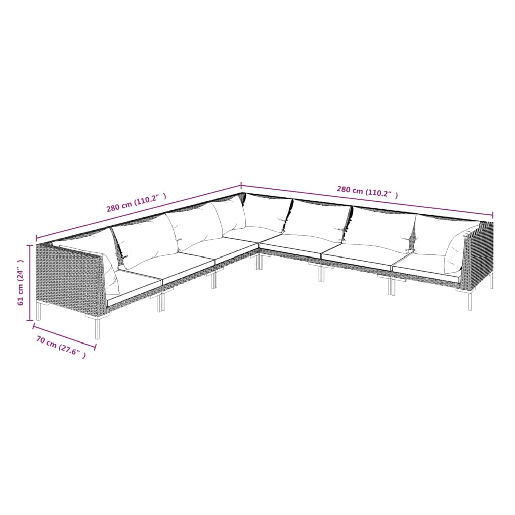 vidaXL 7-tlg. Garten-Lounge-Set mit Kissen Poly Rattan Dunkelgrau