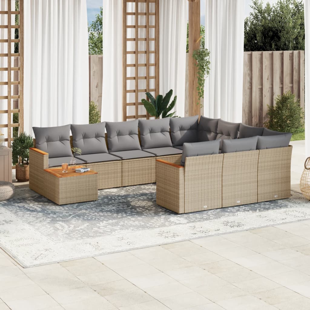 vidaXL 11-tlg. Garten-Sofagarnitur mit Kissen Beige Poly Rattan