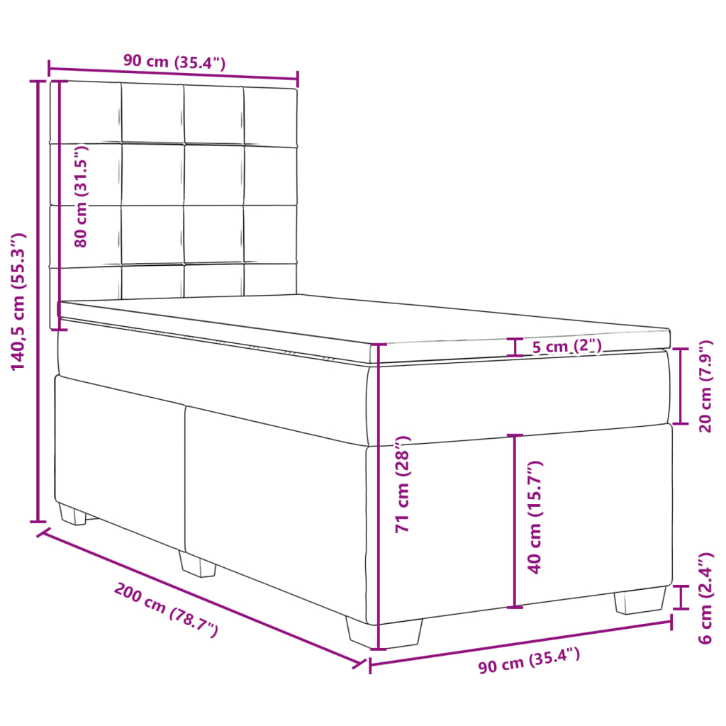 vidaXL Boxspringbett mit Matratze Hellgrau 90x200 cm Samt