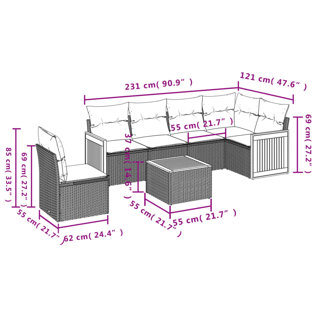 vidaXL 7-tlg. Garten-Sofagarnitur mit Kissen Grau Poly Rattan