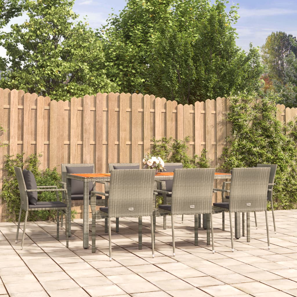 vidaXL 9-tlg. Garten-Essgruppe mit Kissen Grau Poly Rattan