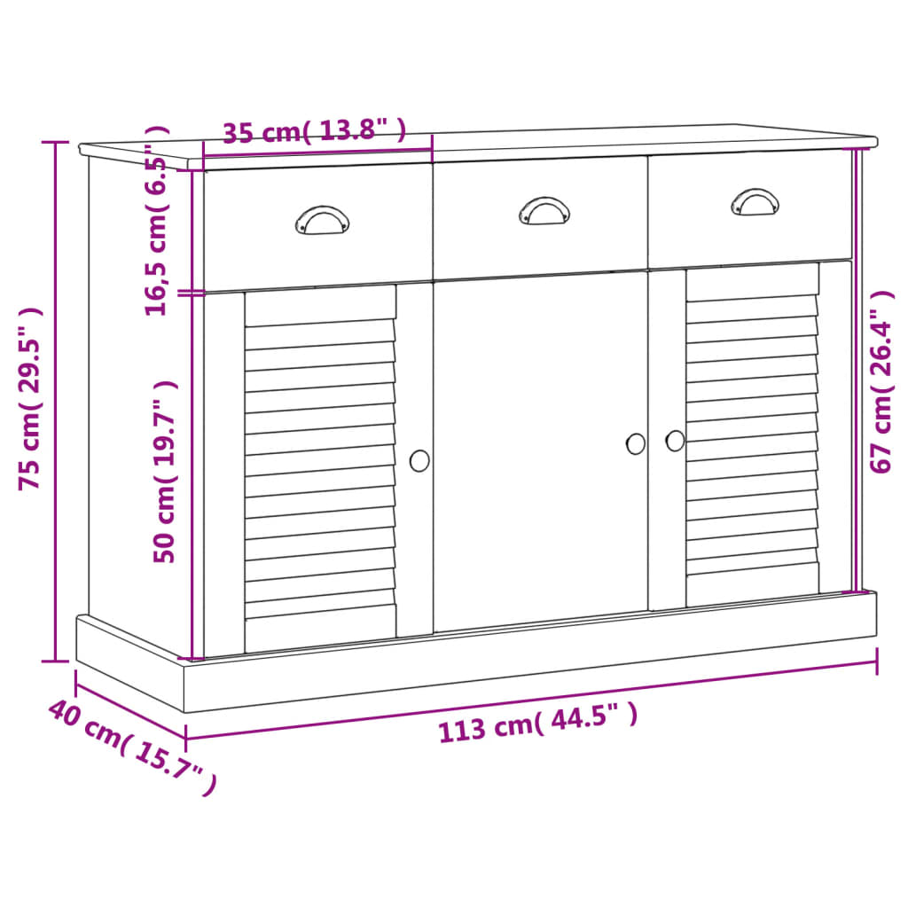 vidaXL Sideboard mit Schubladen VIGO 113x40x75 cm Massivholz Kiefer