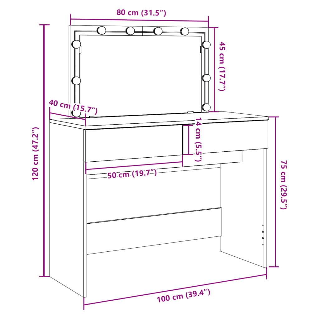 vidaXL Schminktisch mit LED-Beleuchtung Schwarz 100x40x120 cm