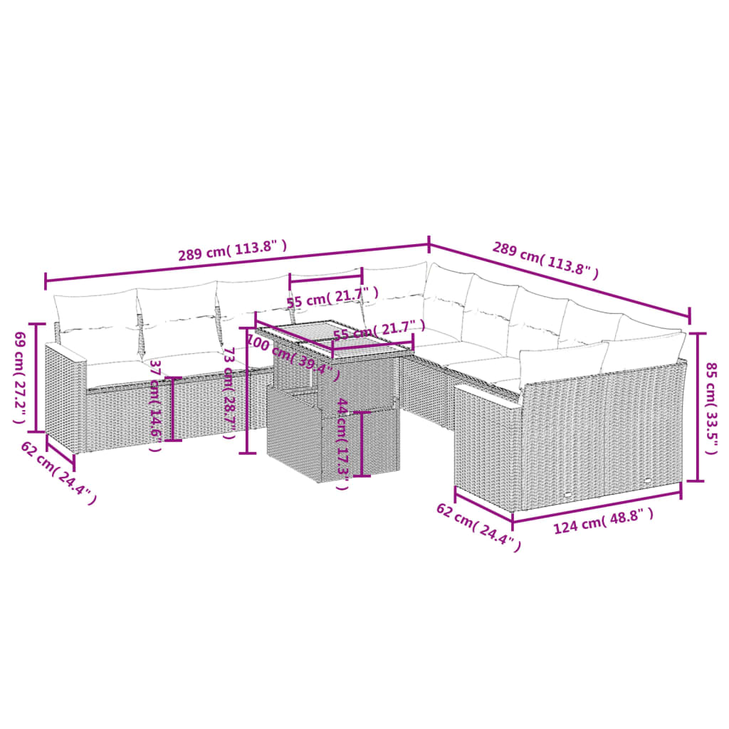 vidaXL 11-tlg. Garten-Sofagarnitur mit Kissen Schwarz Poly Rattan