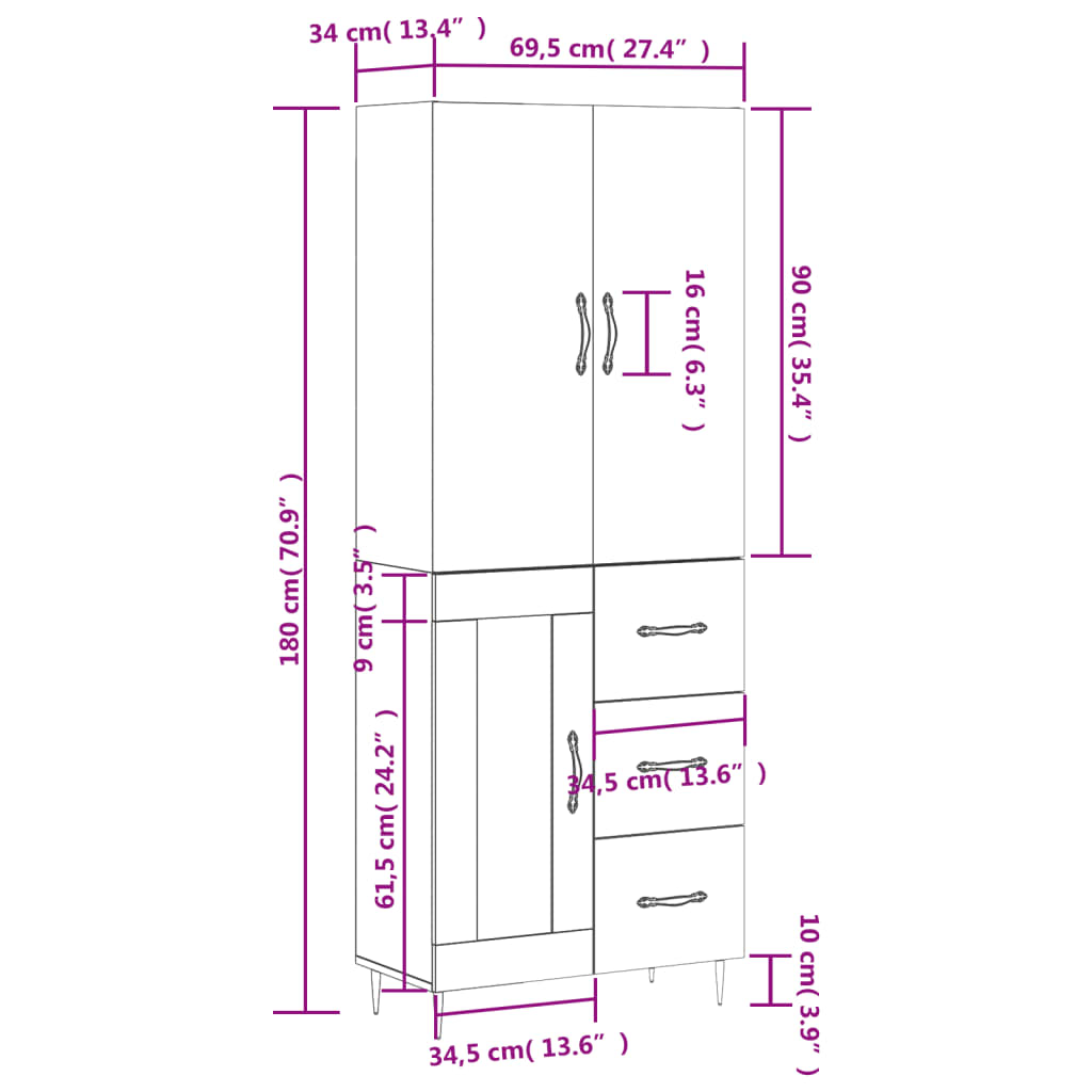 vidaXL Highboard Weiß 69,5x34x180 cm Holzwerkstoff