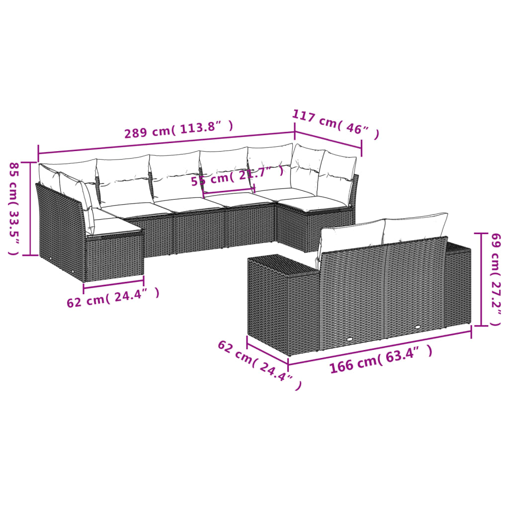 vidaXL 9-tlg. Garten-Sofagarnitur mit Kissen Grau Poly Rattan