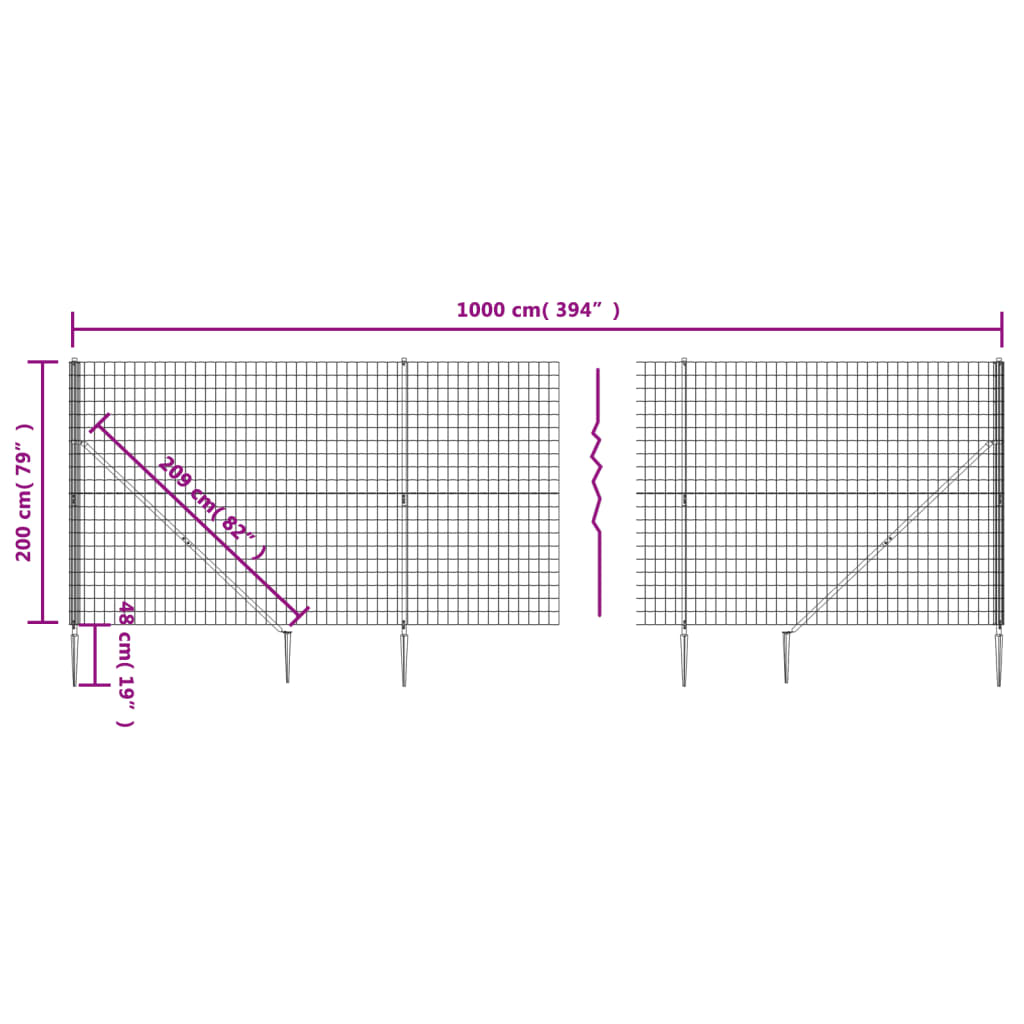 vidaXL Maschendrahtzaun mit Bodenhülsen Anthrazit 2x10 m