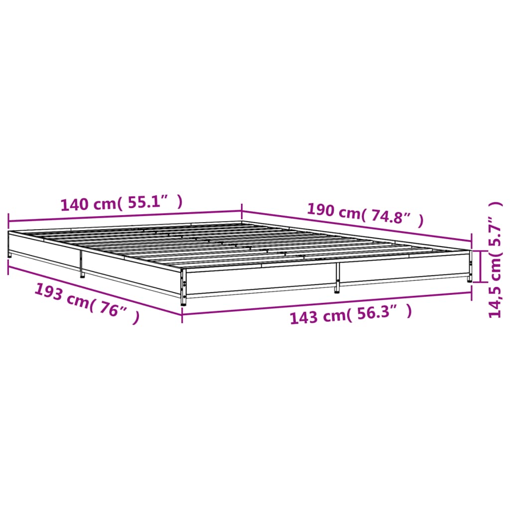 vidaXL Bettgestell Sonoma-Eiche 140x190 cm Holzwerkstoff und Metall