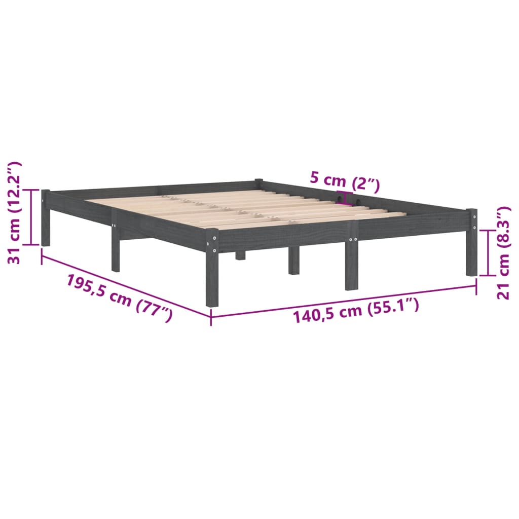 vidaXL Massivholzbett Grau 135x190 cm