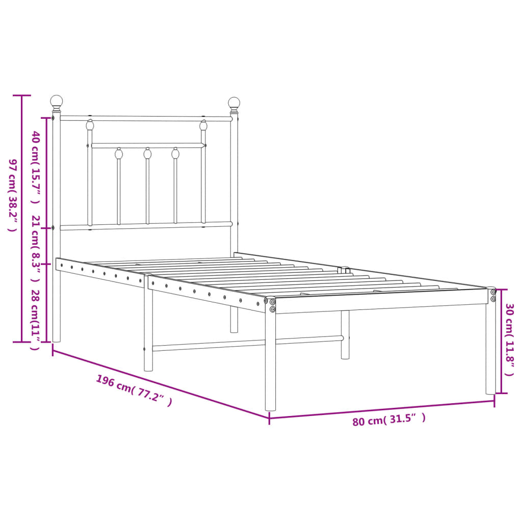 vidaXL Metallbett ohne Matratze mit Kopfteil Weiß 75x190 cm