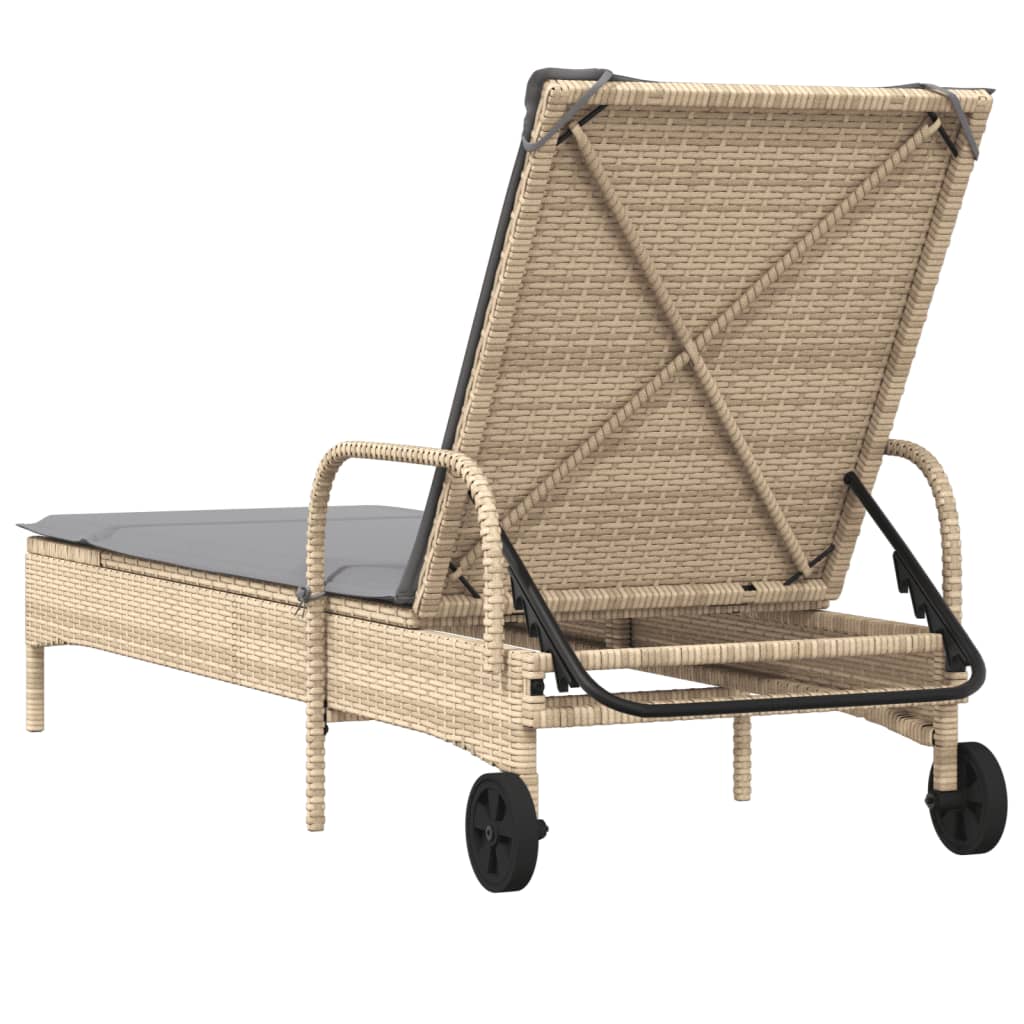 vidaXL Sonnenliege mit Rollen und Auflage Beige Poly Rattan