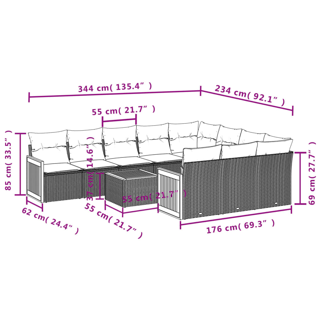 vidaXL 11-tlg. Garten-Sofagarnitur mit Kissen Schwarz Poly Rattan