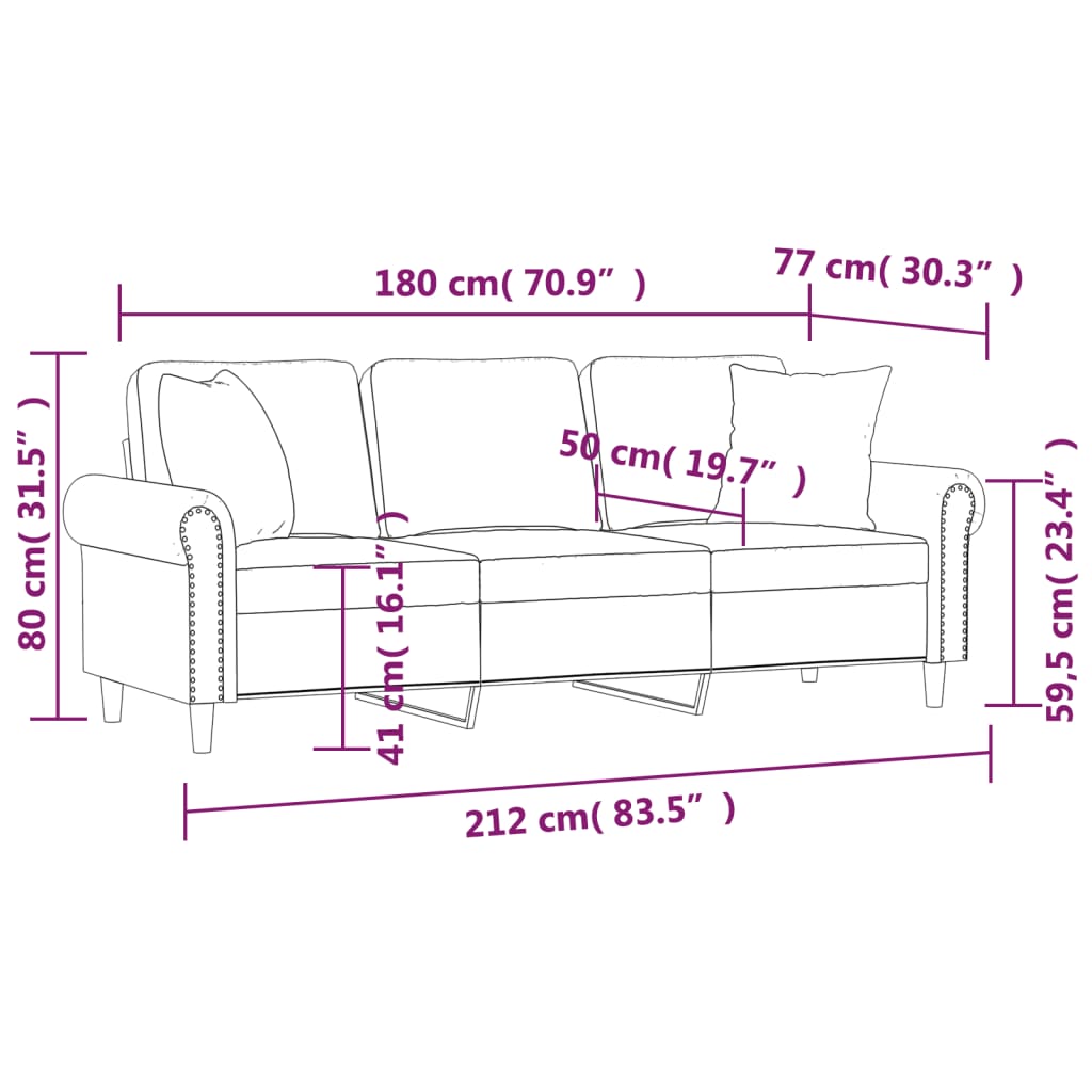 vidaXL 3-Sitzer-Sofa mit Zierkissen Schwarz 180 cm Samt