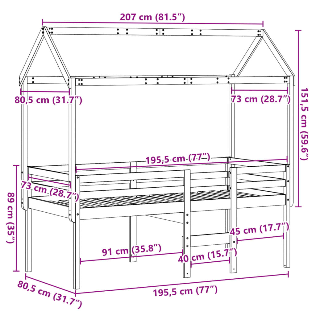 vidaXL Hochbett mit Dach 75x190 cm Massivholz Kiefer