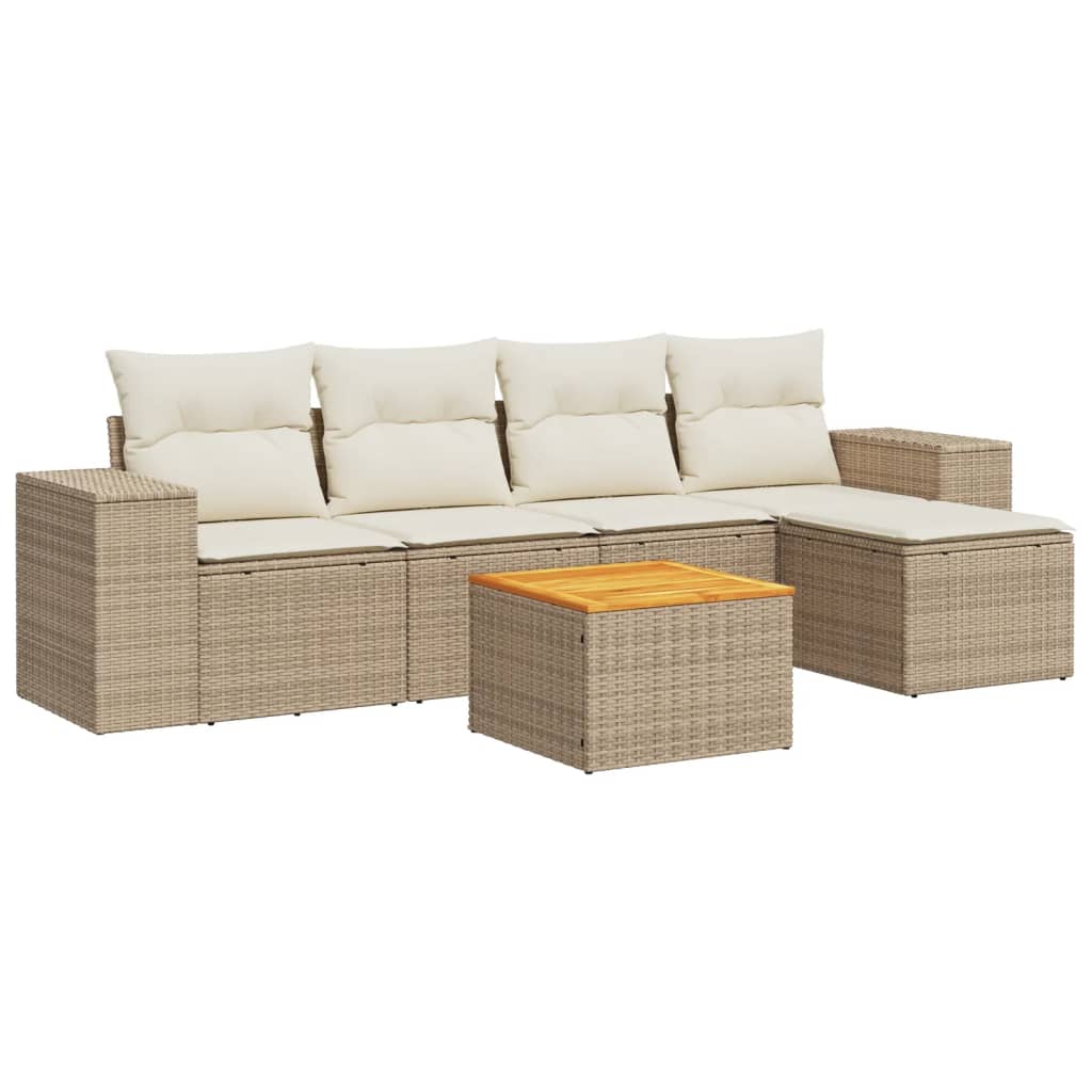 vidaXL 6-tlg. Garten-Sofagarnitur mit Kissen Beige Poly Rattan