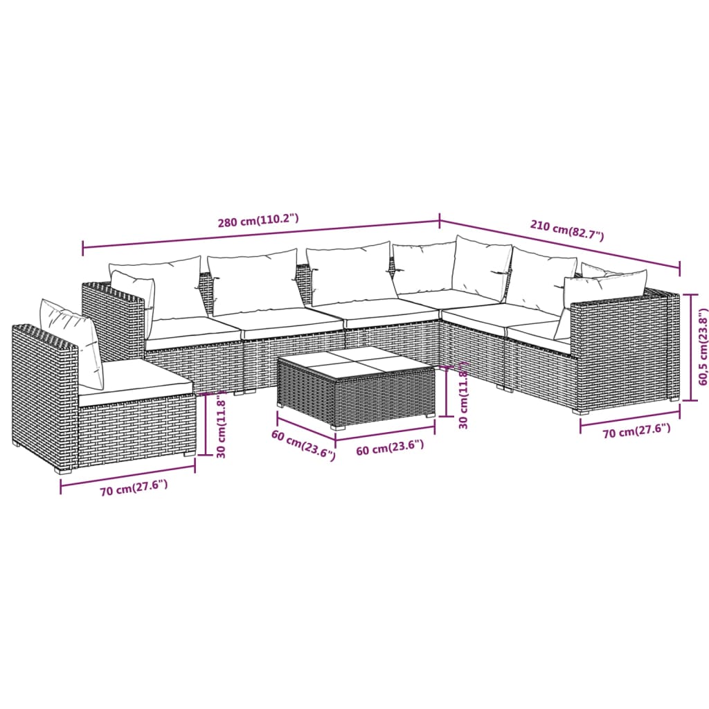 vidaXL 8-tlg. Garten-Lounge-Set mit Kissen Poly Rattan Braun