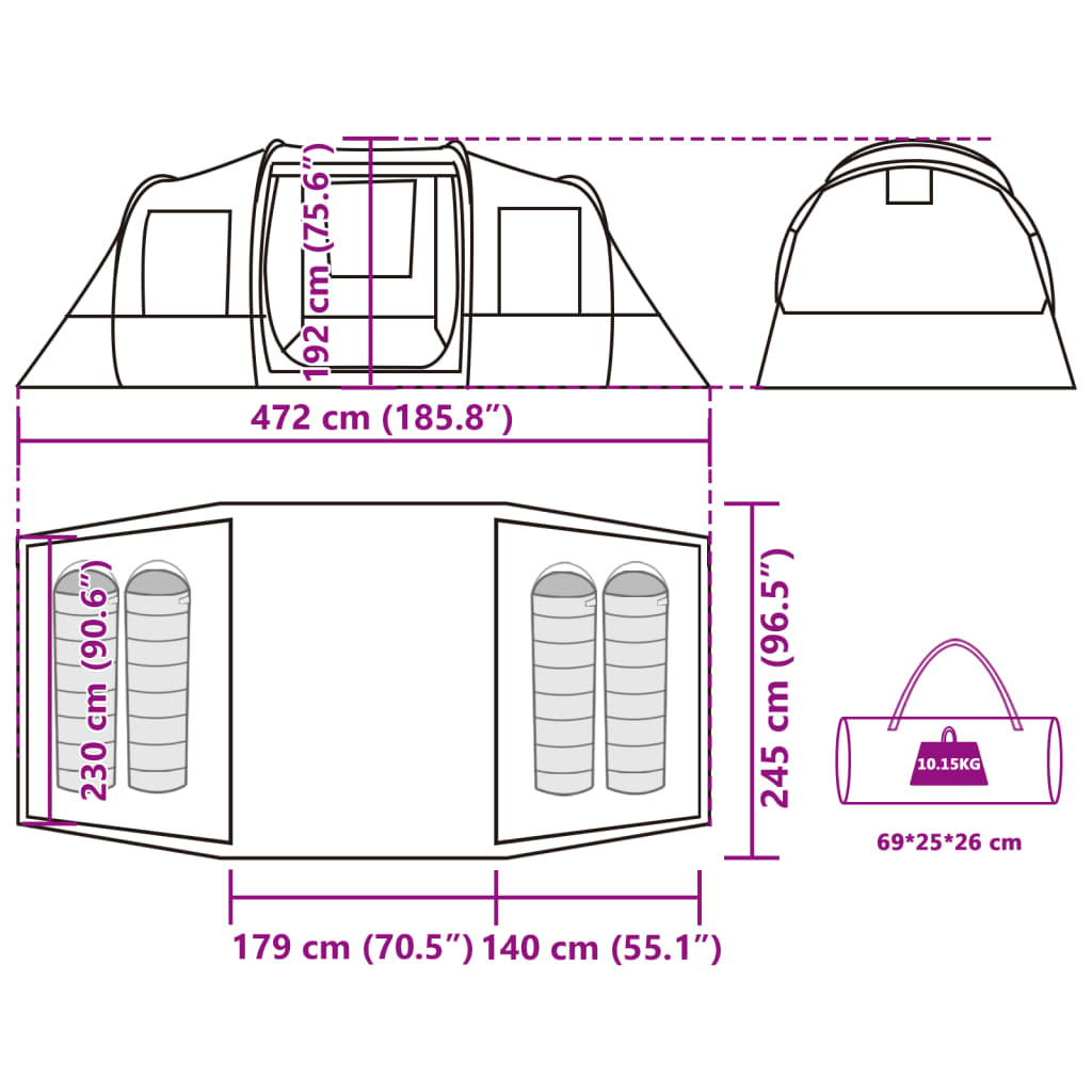 vidaXL Tunnelzelt 4 Personen Olivgrün Wasserdicht