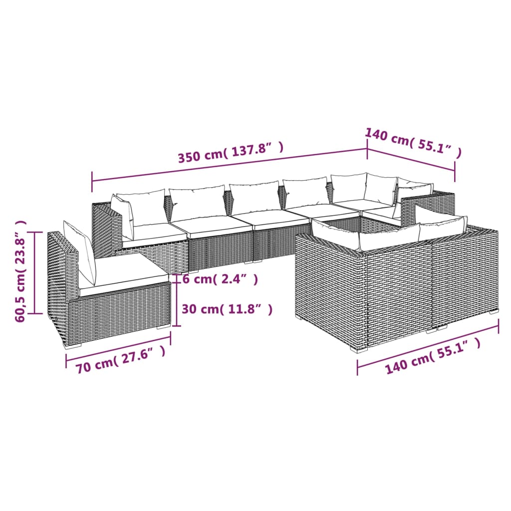 vidaXL 9-tlg. Garten-Lounge-Set mit Kissen Poly Rattan Braun