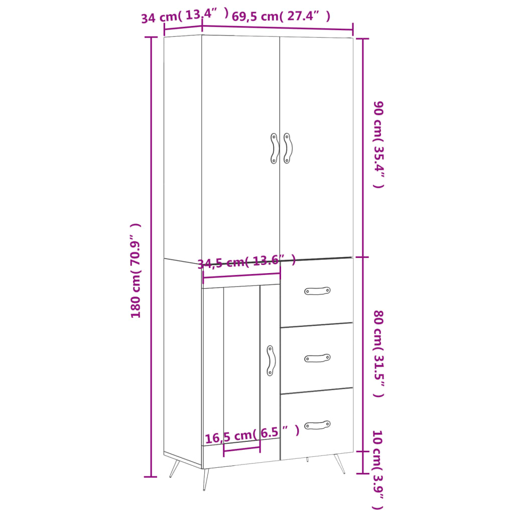 vidaXL Highboard Hochglanz-Weiß 69,5x34x180 cm Holzwerkstoff