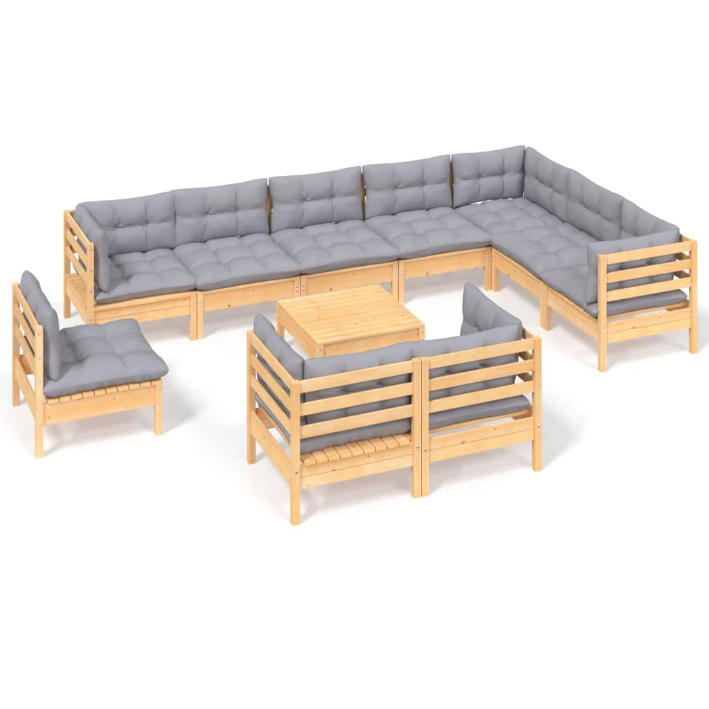 vidaXL 11-tlg. Garten-Lounge-Set mit Grauen Kissen Kiefer Massivholz