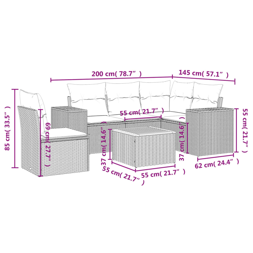 vidaXL 6-tlg. Garten-Sofagarnitur mit Kissen Grau Poly Rattan