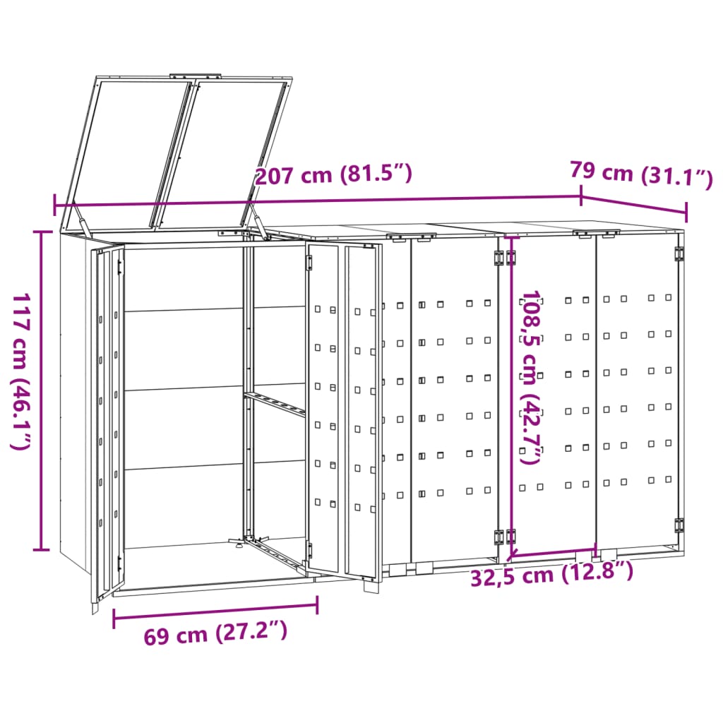 vidaXL Mülltonnenbox für 3 Tonnen Grau 207x79x117 cm Stahl