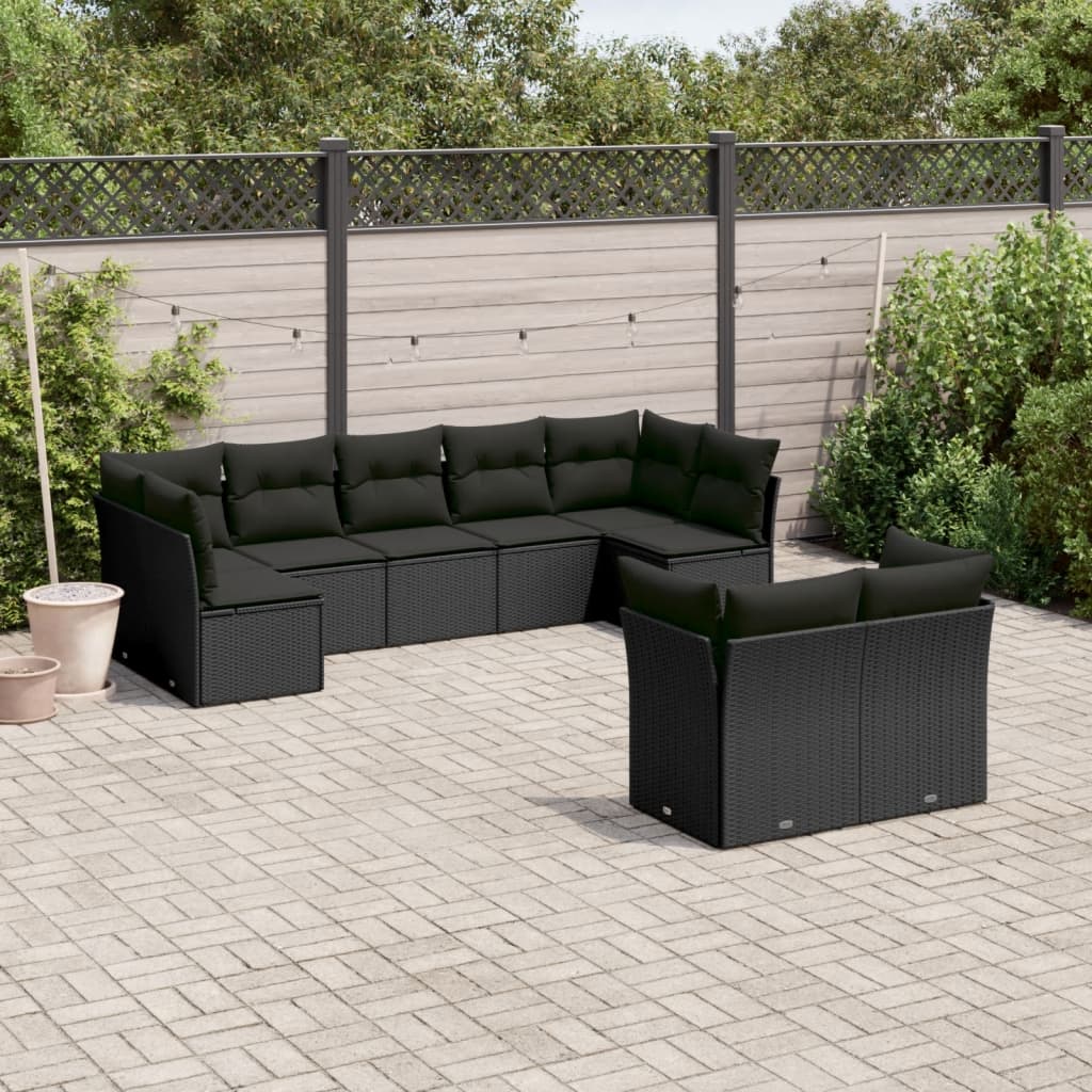 vidaXL 9-tlg. Garten-Sofagarnitur mit Kissen Schwarz Poly Rattan