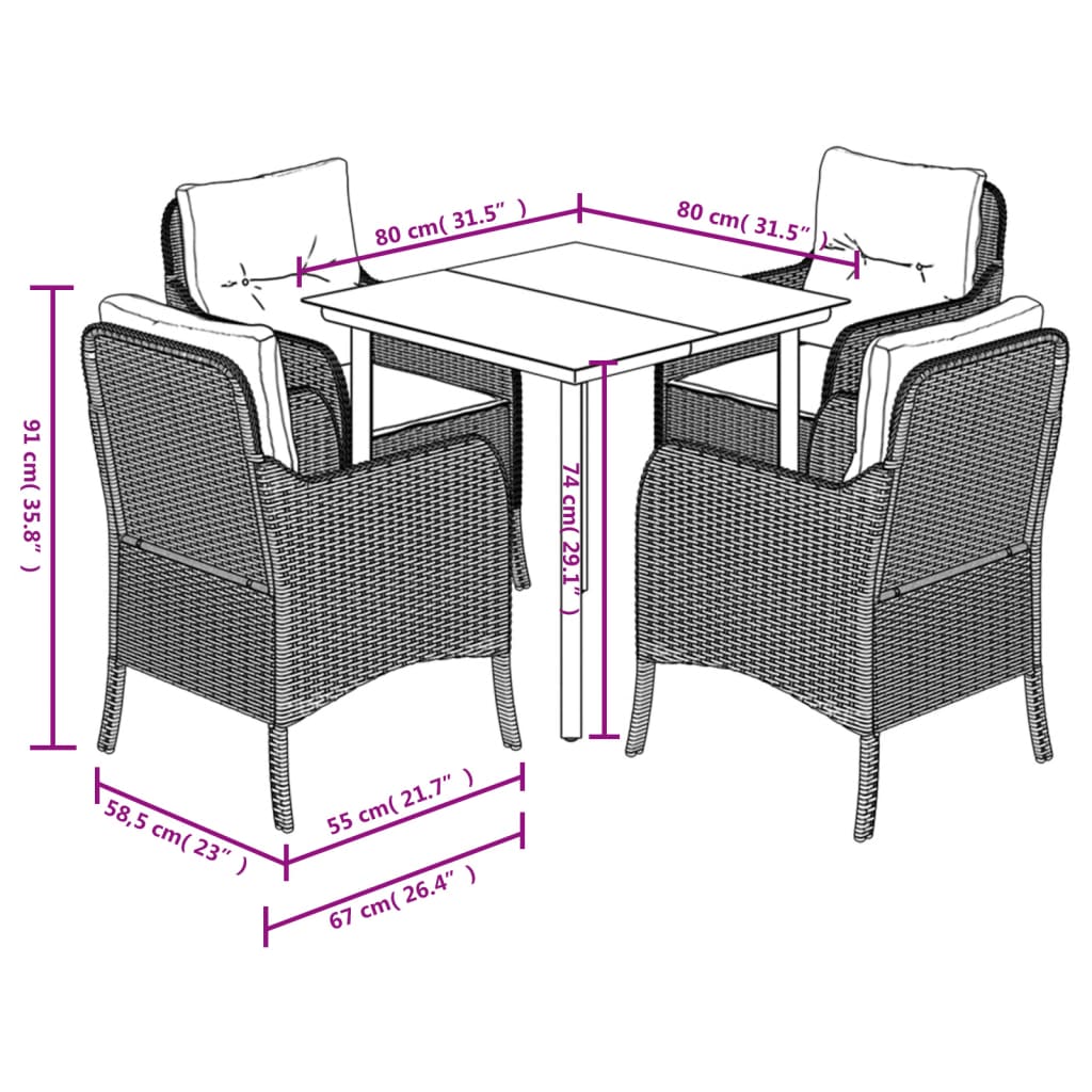 vidaXL 5-tlg. Garten-Essgruppe mit Kissen Schwarz Poly Rattan