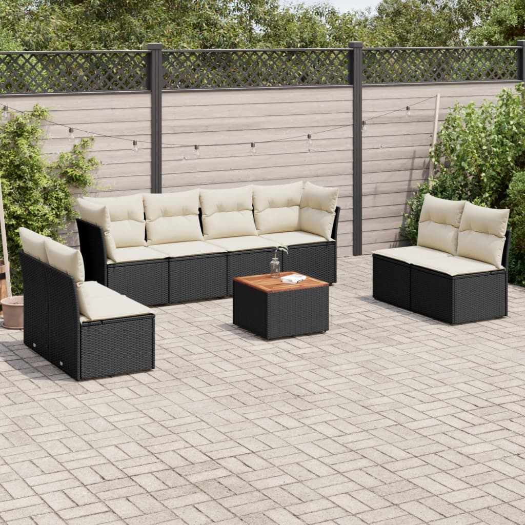 vidaXL 9-tlg. Garten-Sofagarnitur mit Kissen Schwarz Poly Rattan