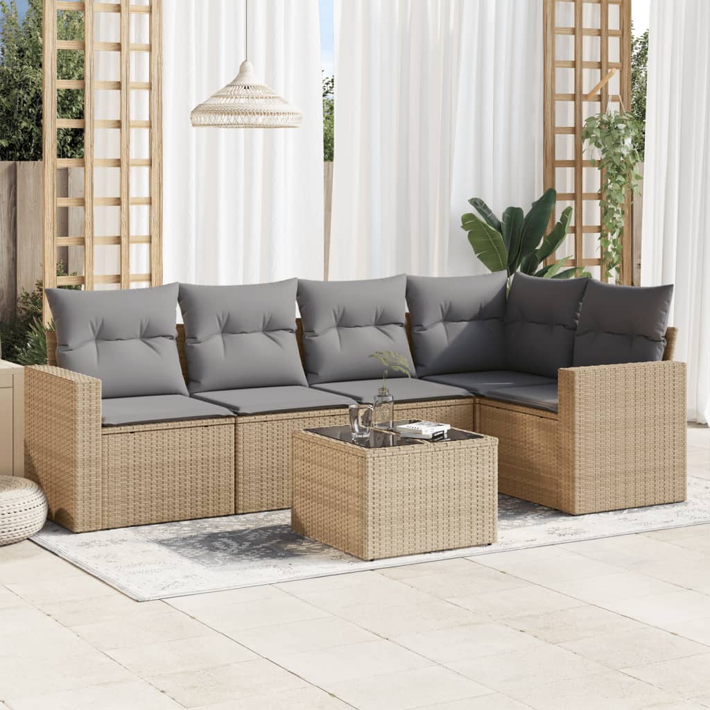 vidaXL 6-tlg. Garten-Sofagarnitur mit Kissen Beige Poly Rattan