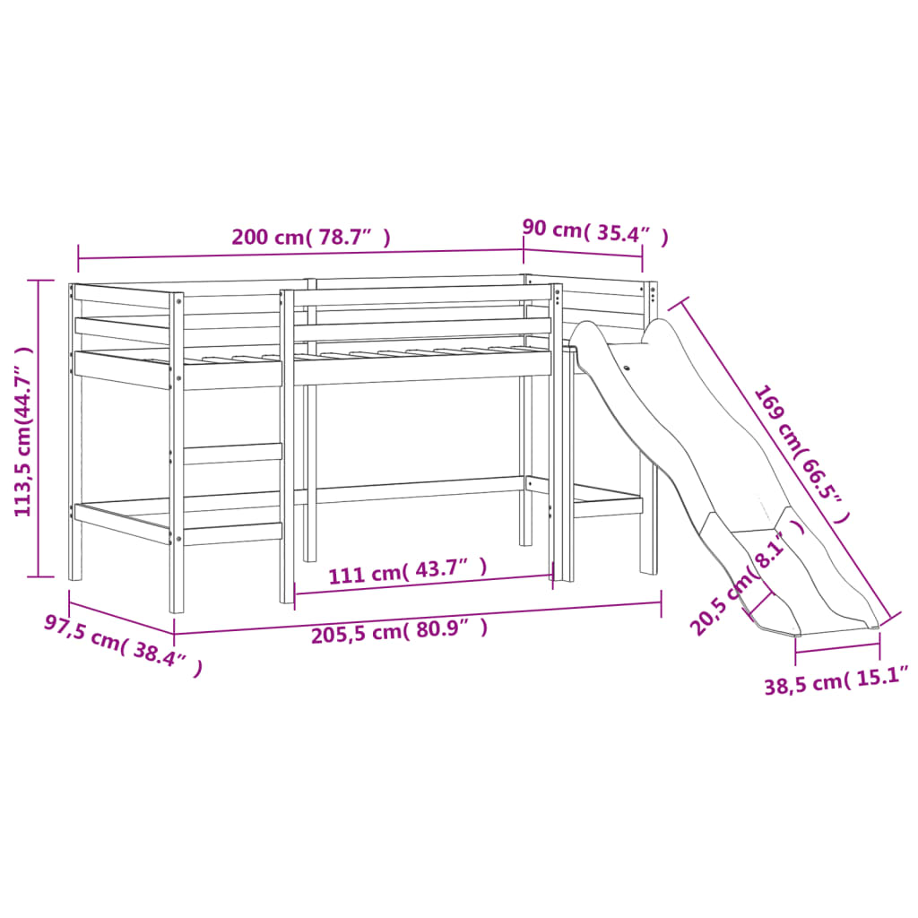 vidaXL Kinderhochbett mit Turm Blau 90x200 cm Massivholz Kiefer