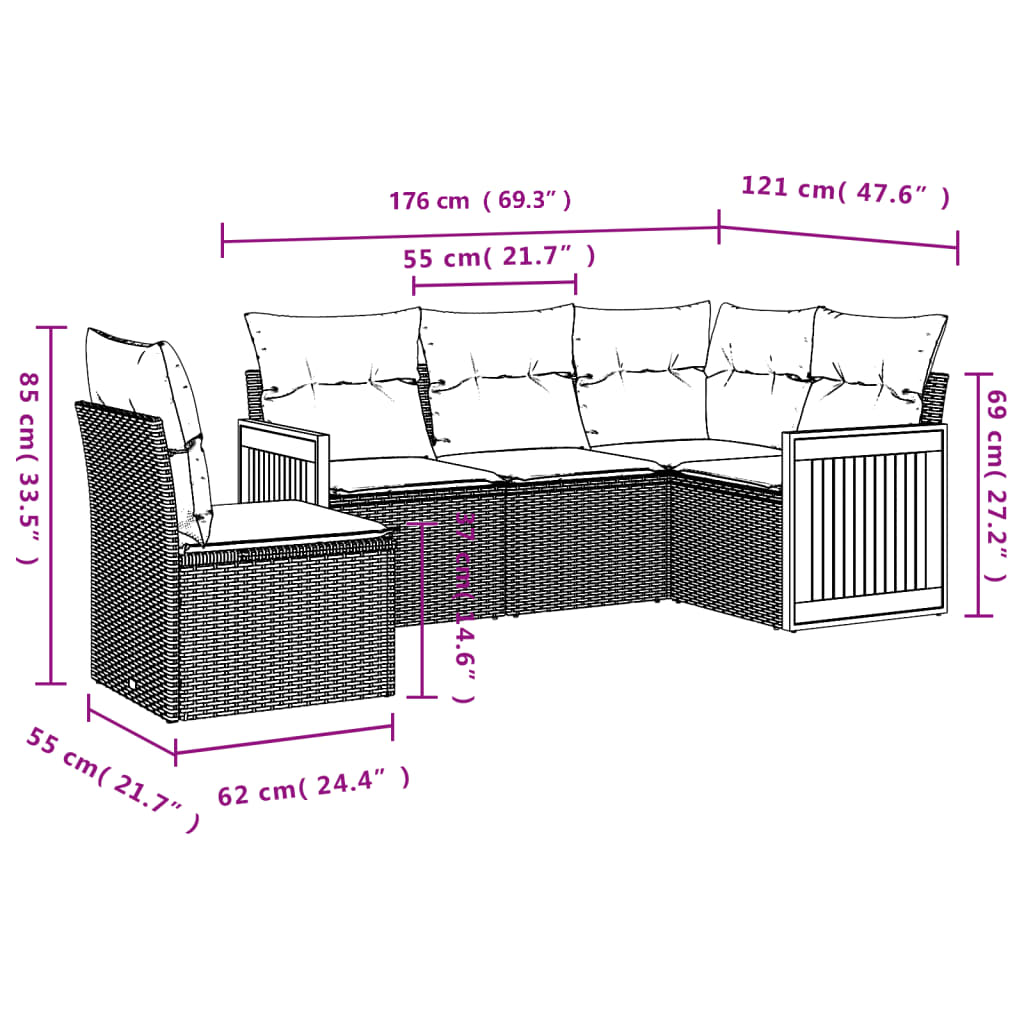 vidaXL 5-tlg. Garten-Sofagarnitur mit Kissen Beige Poly Rattan