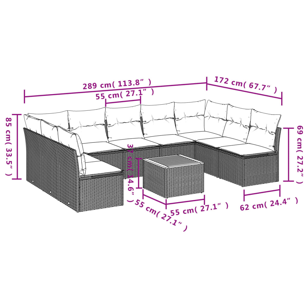 vidaXL 10-tlg. Garten-Sofagarnitur mit Kissen Schwarz Poly Rattan