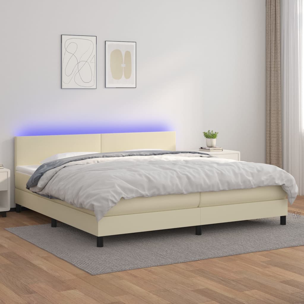 vidaXL Boxspringbett mit Matratze & LED Creme 200x200 cm Kunstleder