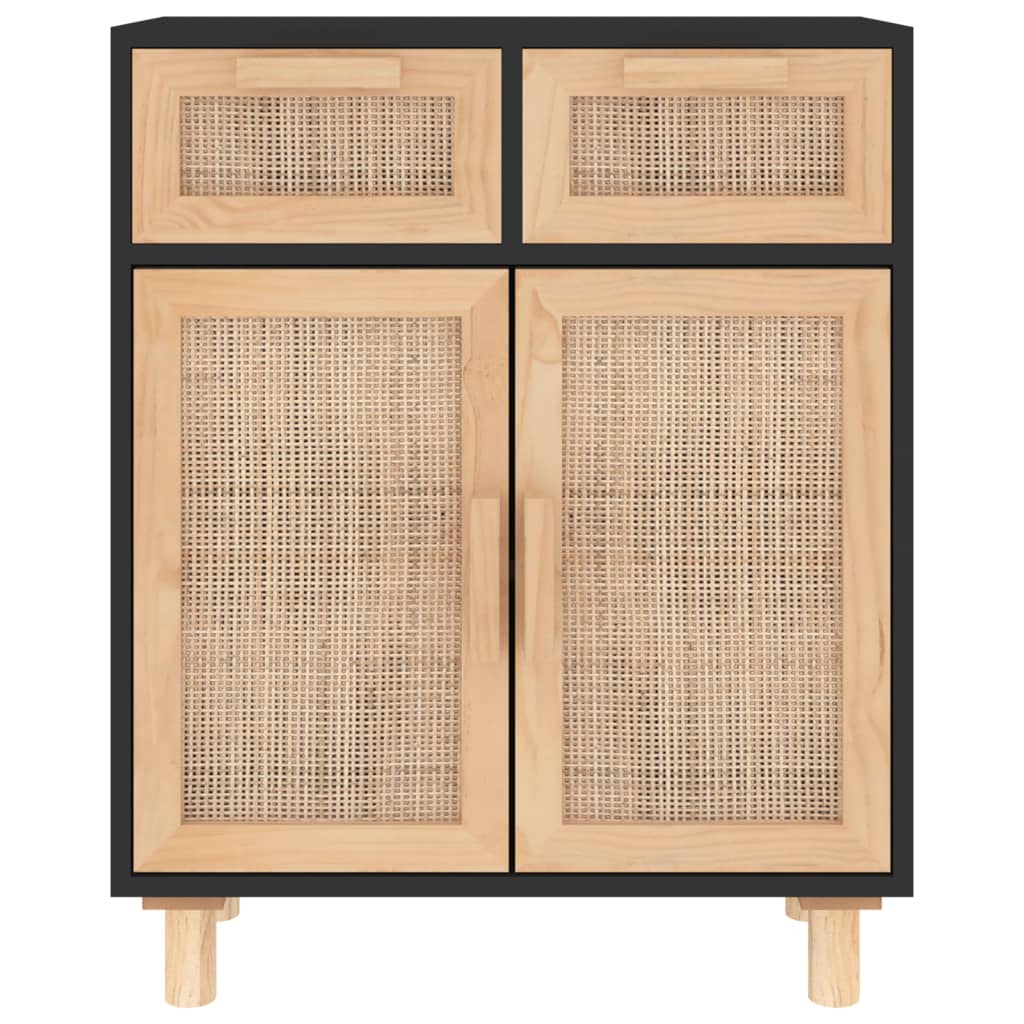 vidaXL Sideboard Schwarz 60x30x75cm Massivholz Kiefer und Natur-Rattan