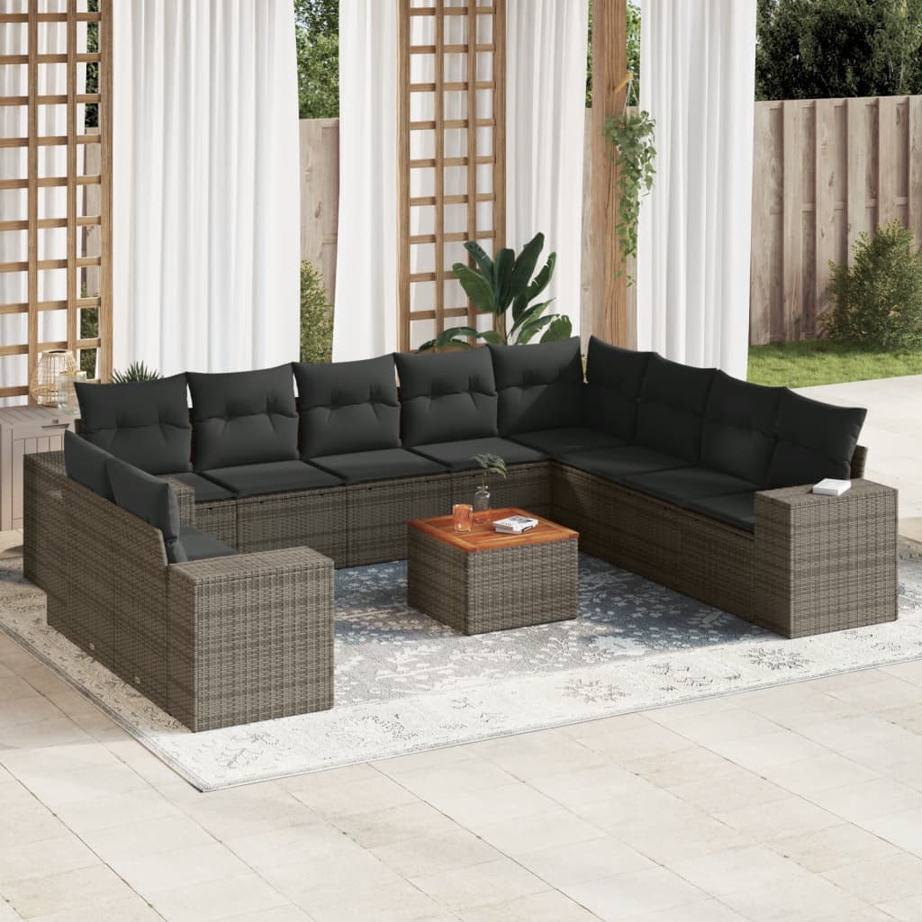 vidaXL 11-tlg. Garten-Sofagarnitur mit Kissen Grau Poly Rattan